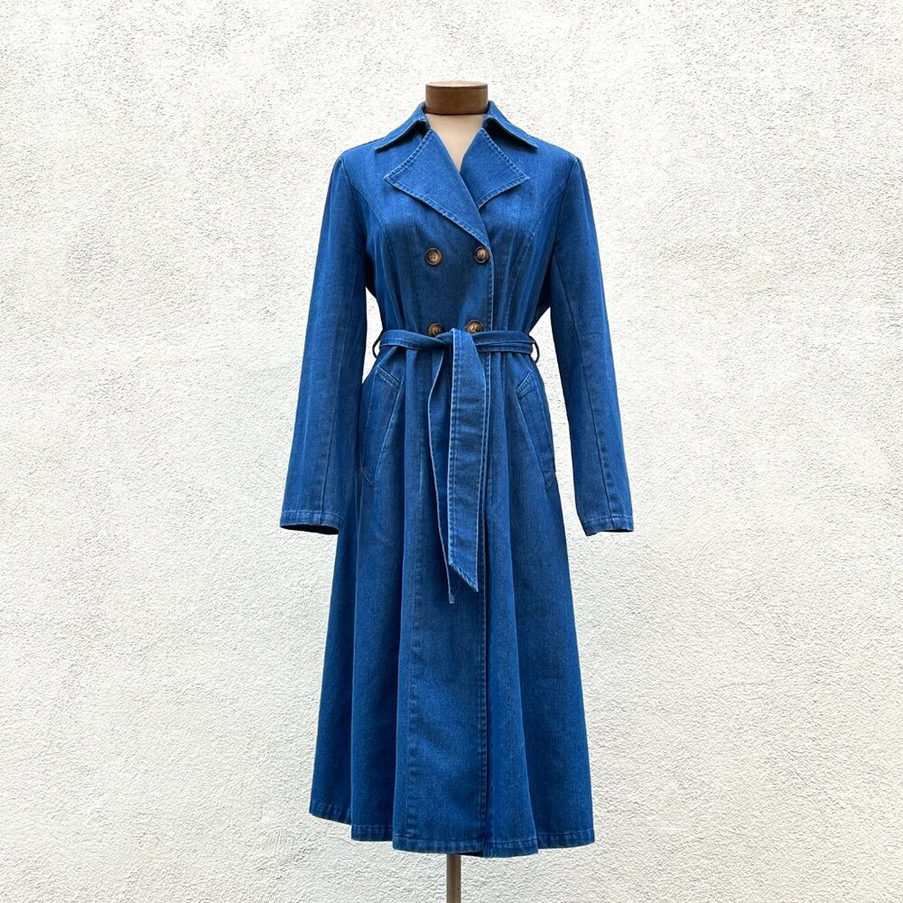 Women's Solitaire Blue Denim Belted Double Breasted Cotton Trench Coat Small - Picture 3 of 7